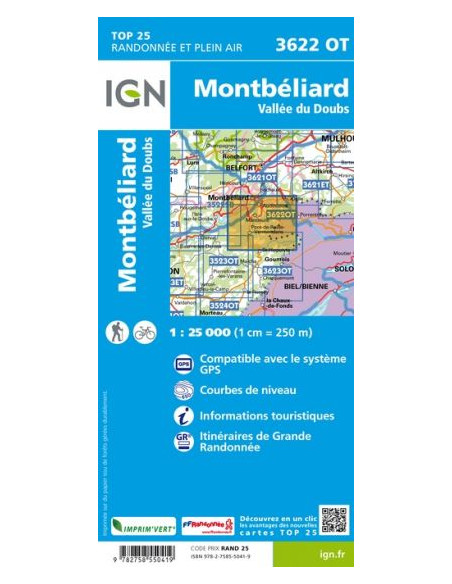 CARTE IGN 3622OT MONTBÉLIARD VALLÉE DU DOUBS