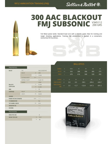 CARTOUCHES SB .300 AAC BLACKOUT SUBSONIC FMJ...