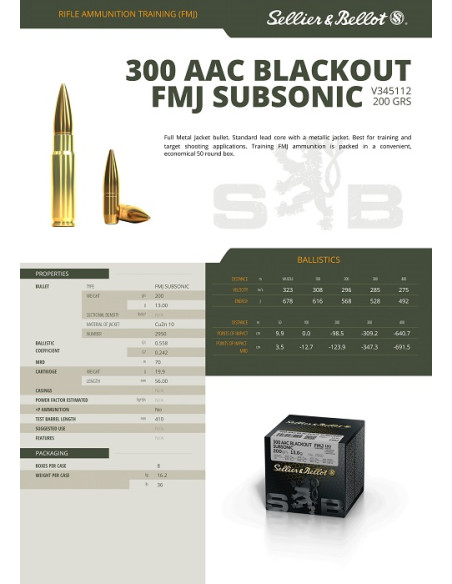 CARTOUCHES SB .300 AAC BLACKOUT SUBSONIC FMJ 200gr x100