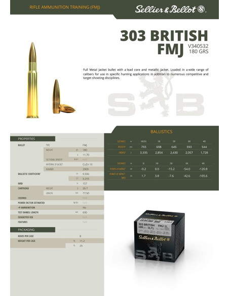 CARTOUCHES SB 303 BRITISH FMJ 180gr x50