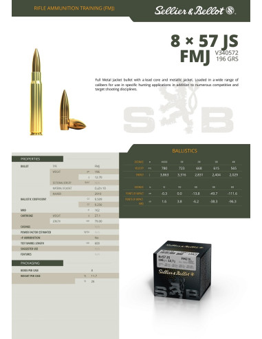 CARTOUCHES SB 8x57 JS FMJ 196gr x50