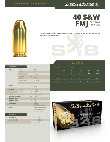 CARTOUCHES SB .40S&W FMJ 180gr x50