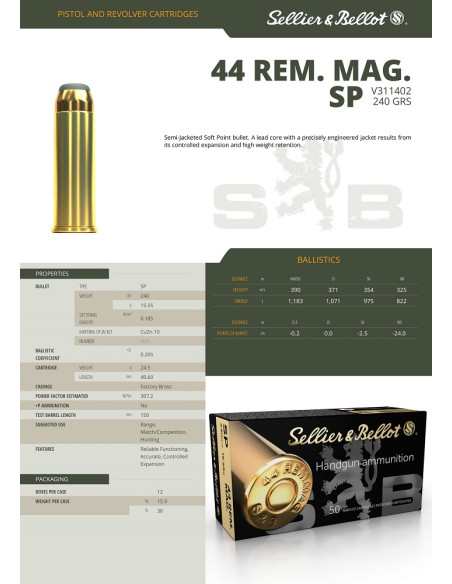 CARTOUCHES SB .44 REM MAG SP 240gr x50