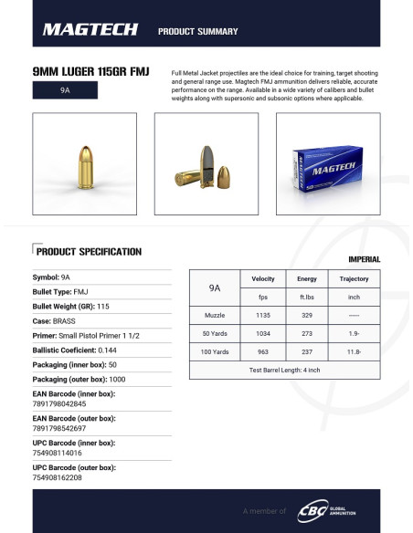 CARTOUCHES MAGTECH 9x19 FMJ 115gr x50
