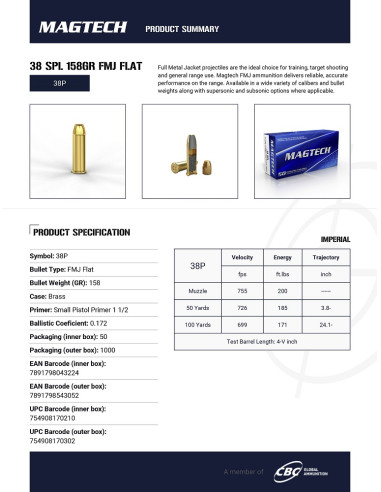 CARTOUCHES MAGTECH .38 SPL FMJ FLAT 158gr x50
