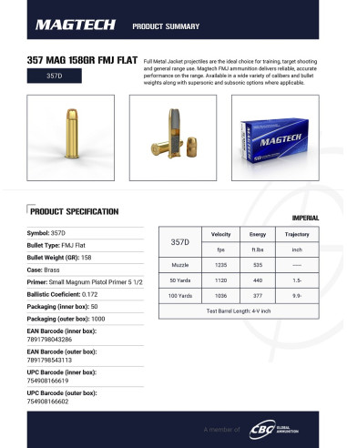 CARTOUCHES MAGTECH .357 MAG FMJ FLAT 158gr x50