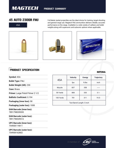 CARTOUCHES MAGTECH .45 ACP FMJ 230gr x50