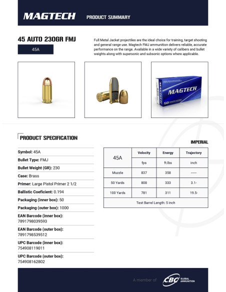CARTOUCHES MAGTECH .45 ACP FMJ 230gr x50