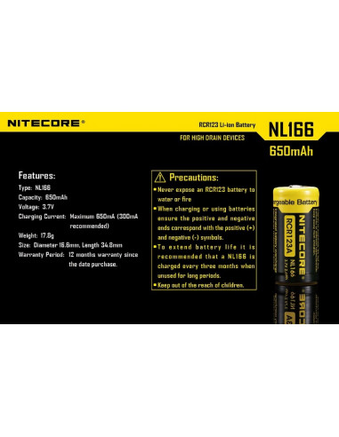 Accus li-ion CR123 rechargeable 650mAh 3.7V