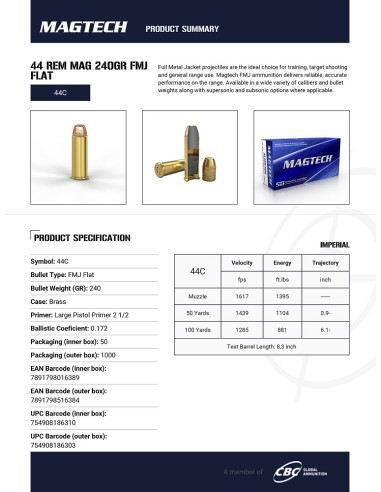 CARTOUCHES MAGTECH .44 REM MAG FMJ FLAT 240gr x50
