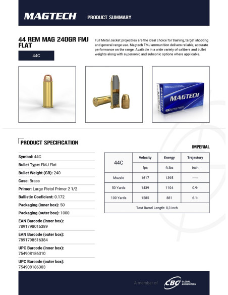 CARTOUCHES MAGTECH .44 REM MAG FMJ FLAT 240gr x50