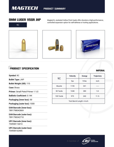 CARTOUCHES MAGTECH 9x19 115GR JHP 9C*+
