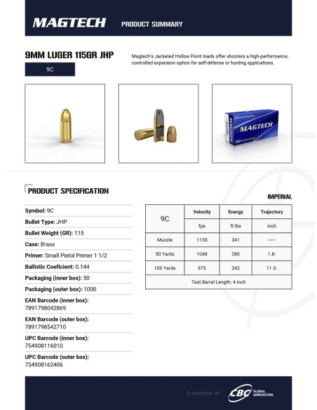 CARTOUCHES MAGTECH 9x19 115GR JHP 9C*+