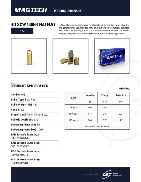 CARTOUCHES MAGTECH .40 S&W 180gr FMJ FLAT x50