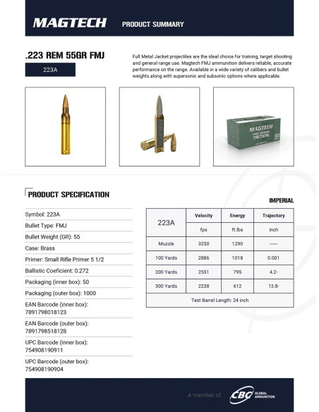 CARTOUCHES MAGTECH .223 55gr FMJ x50