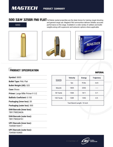 CARTOUCHES MAGTECH .500 S&W 325gr FMJ x20