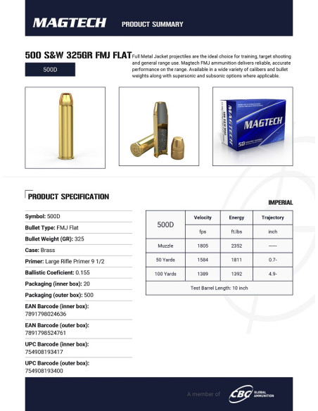 CARTOUCHES MAGTECH .500 S&W 325gr FMJ x20