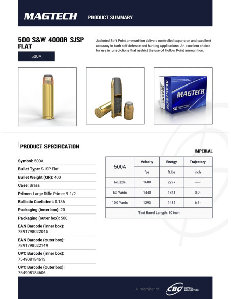 CARTOUCHES MAGTECH .500 S&W 400gr SJSP FLAT x20